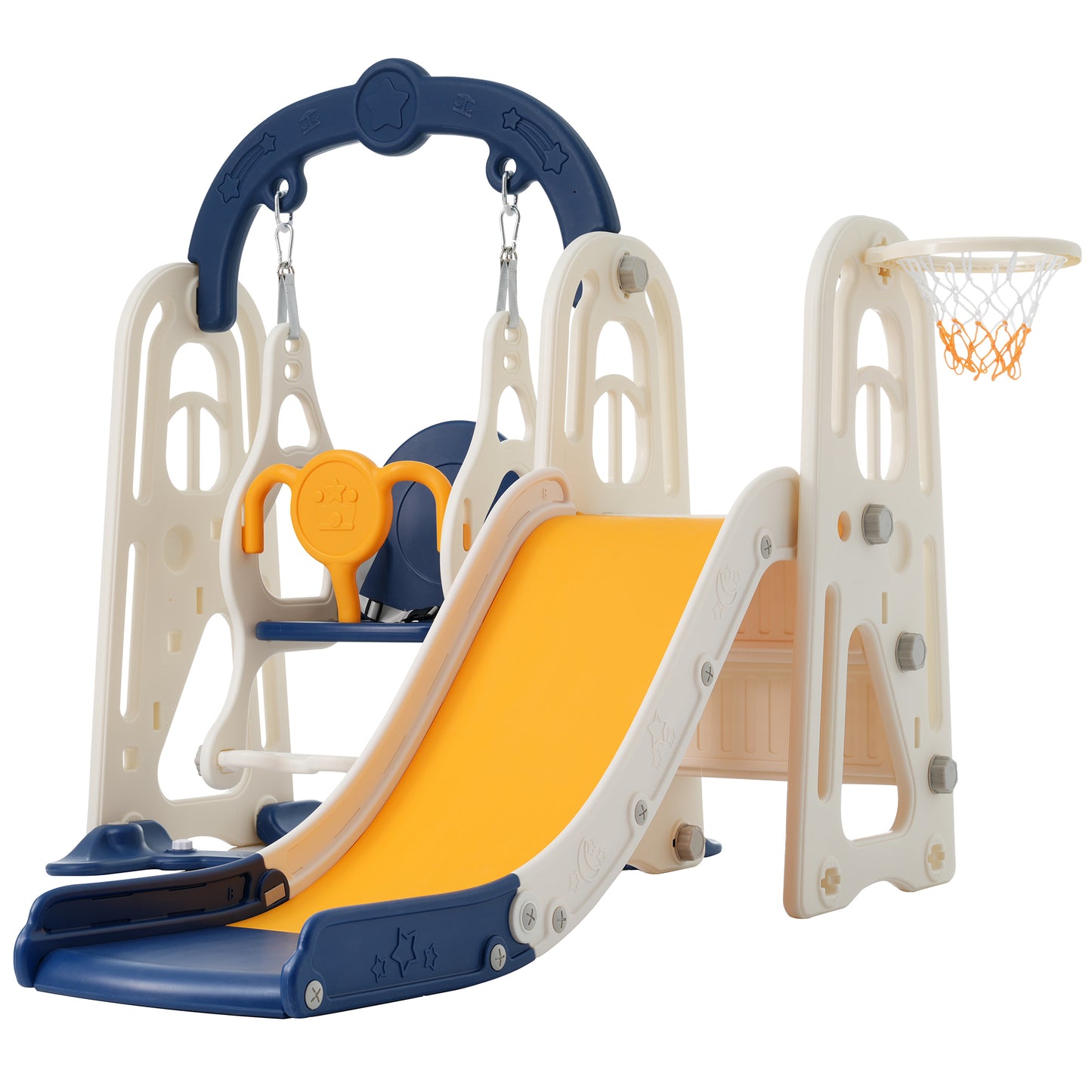 3-in-1 Toddler Slide and Swing Set with Basketball Hoop and Alphabet Themed Slide