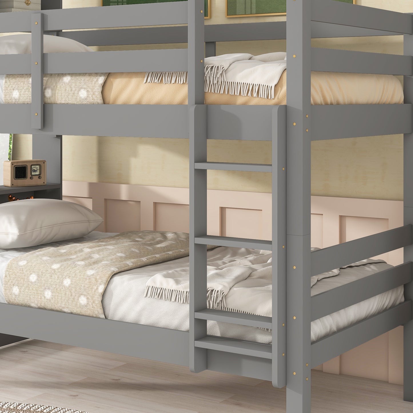 Convertible Rustic Grey Twin Over Twin Bunk Beds with Bookcase Headboard