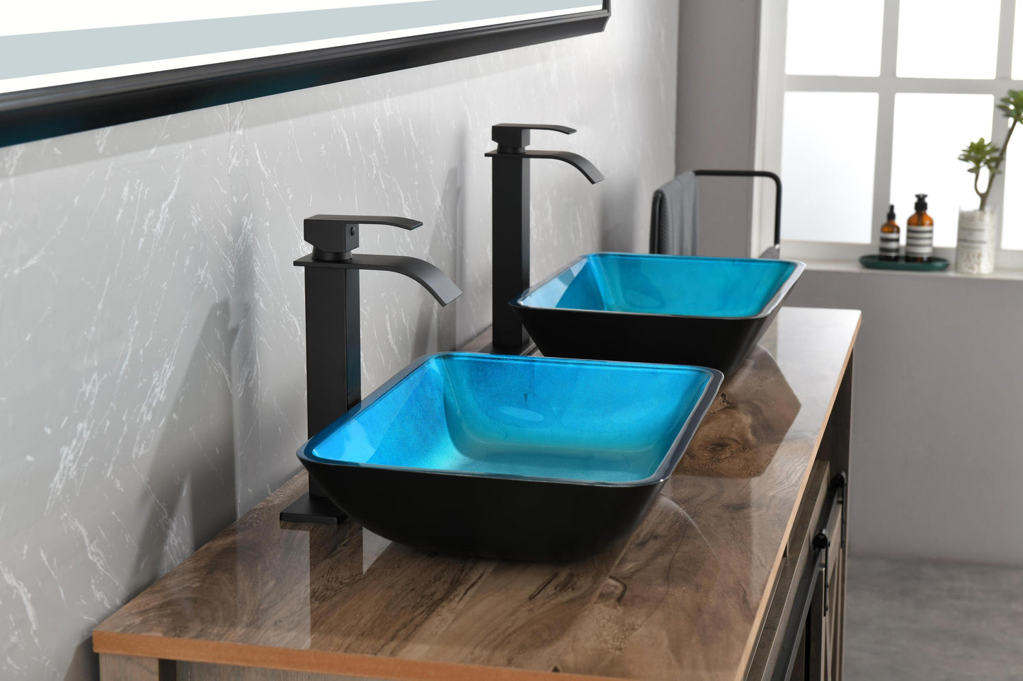 Handcrafted Turquoise Glass Vessel Sink Set with Matte Black Faucet