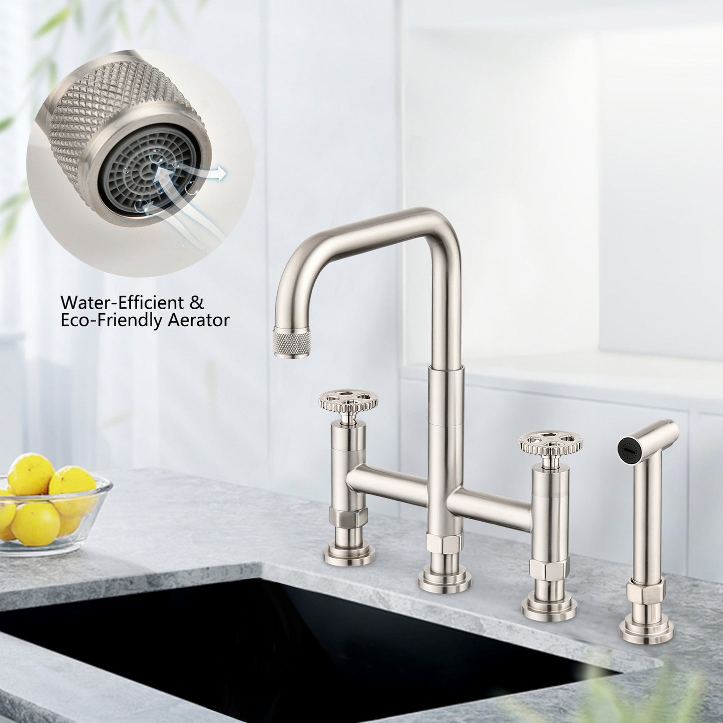 Double Handle Bridge Kitchen Faucet with Side Spray