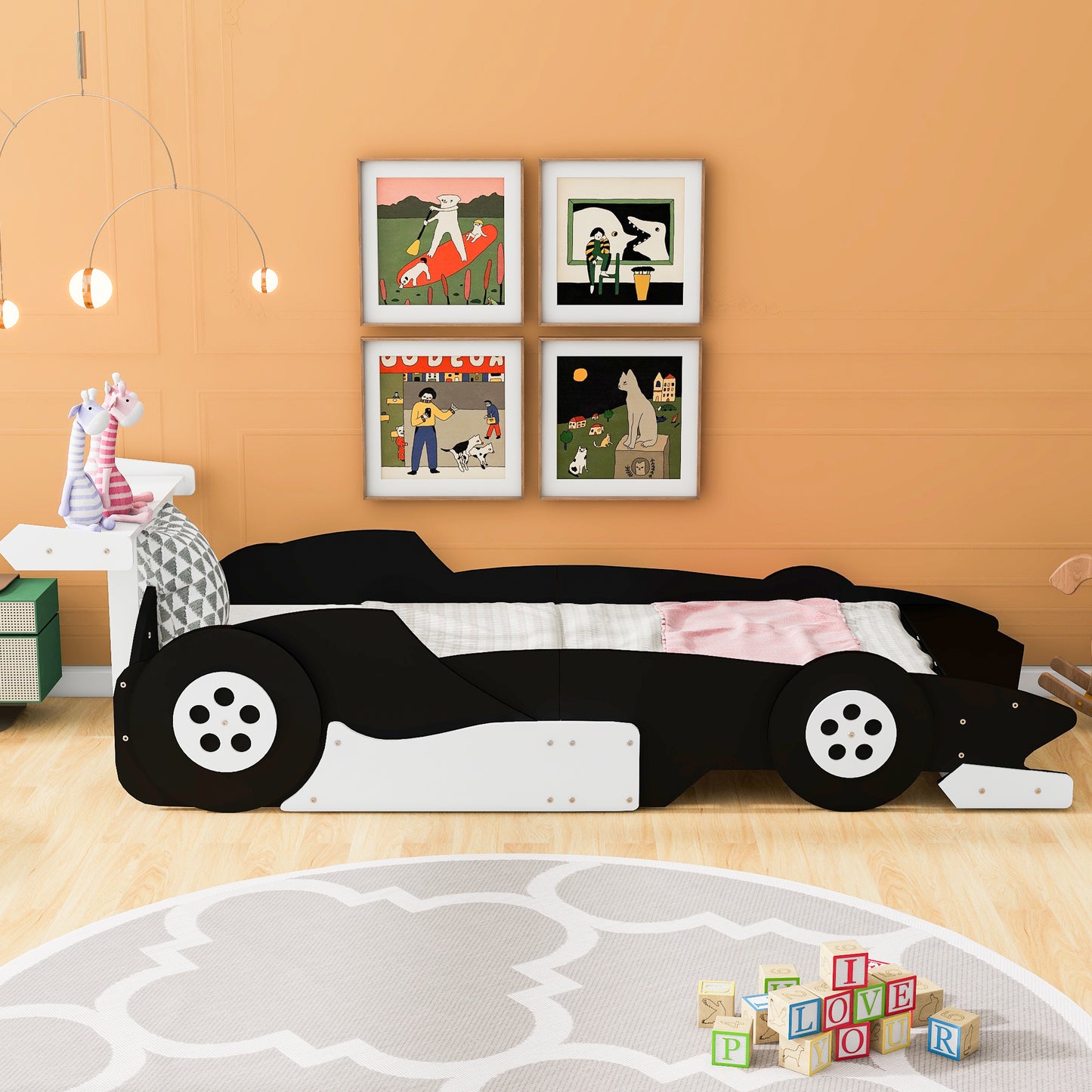 Twin Size Race Car-Shaped Platform Bed with Wheels,Black