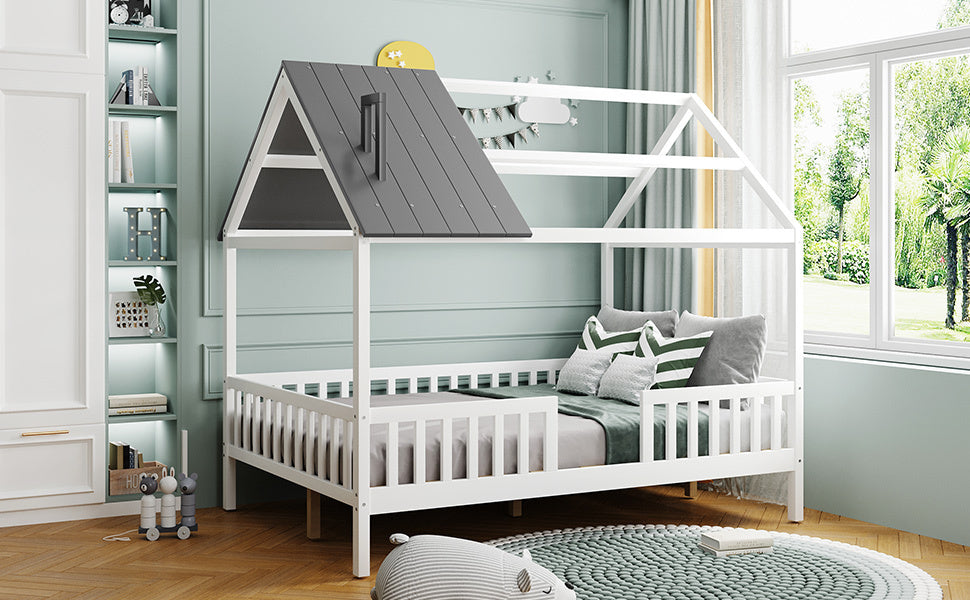 Full Size Wood House Bed with Fence, White+Gray