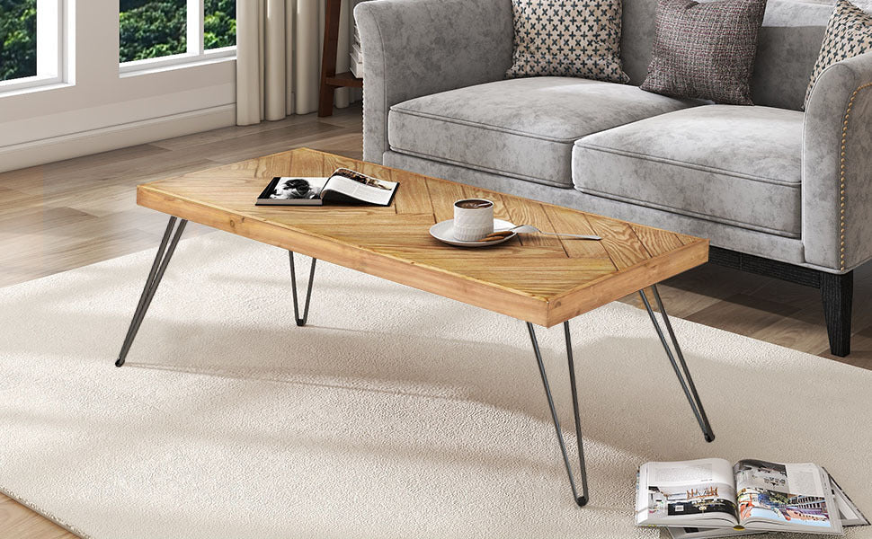 Retro-Modern Ash Wood Coffee Table with Chevron Pattern & Metal Hairpin Legs