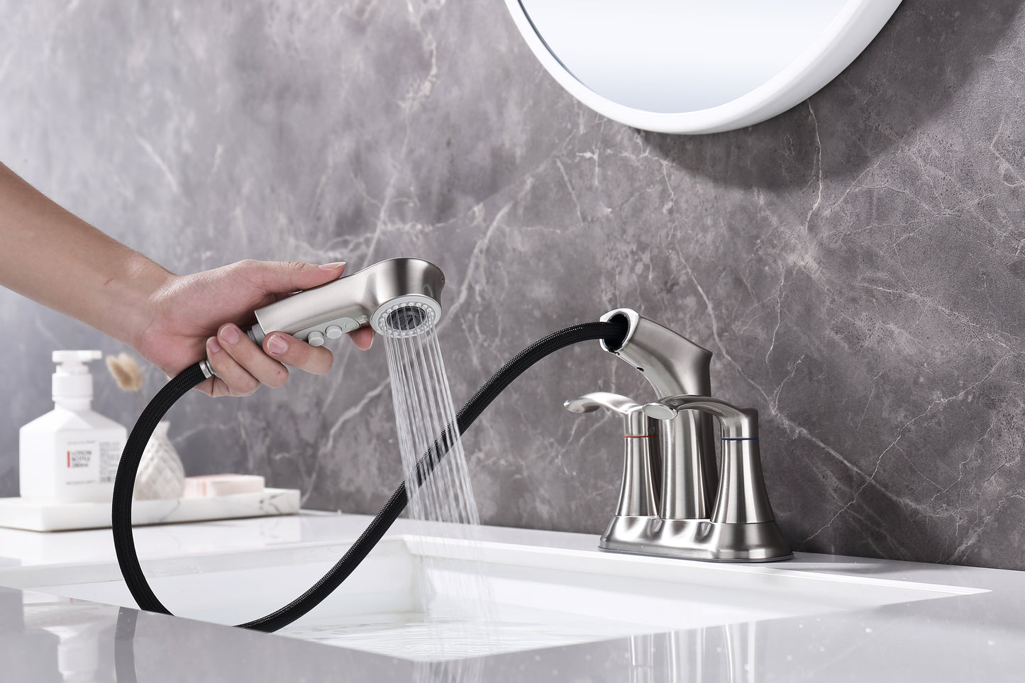 Elegant 3 Hole Brushed Nickel Bathroom Faucet with Pull-Out Sprayer