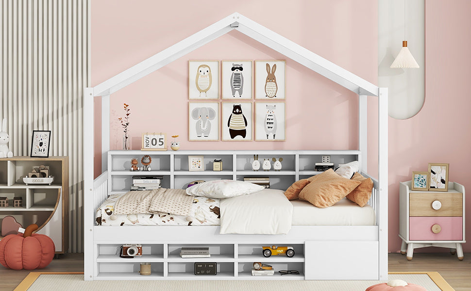 Twin Size Wooden House Bed with Shelves and a Mini-cabinet, White