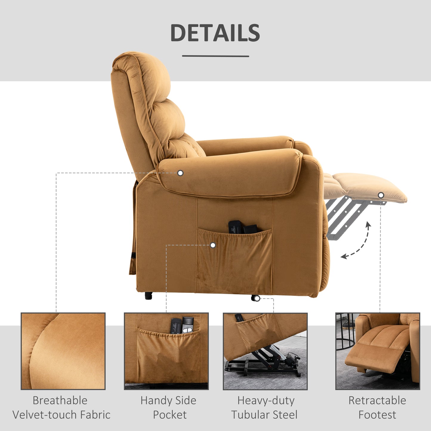 Elderly Velvet Power Lift Chair with Vibration Massage, Brown