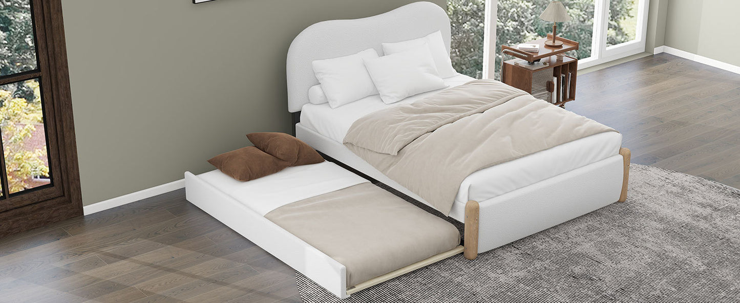 Full Size Upholstered Platform Bed with Wood Supporting Feet and Twin Size Trundle, White