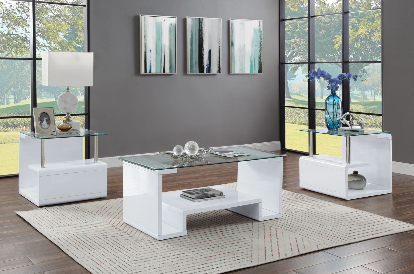 Nevaeh Glass and White High Gloss Coffee Table with Storage Shelf