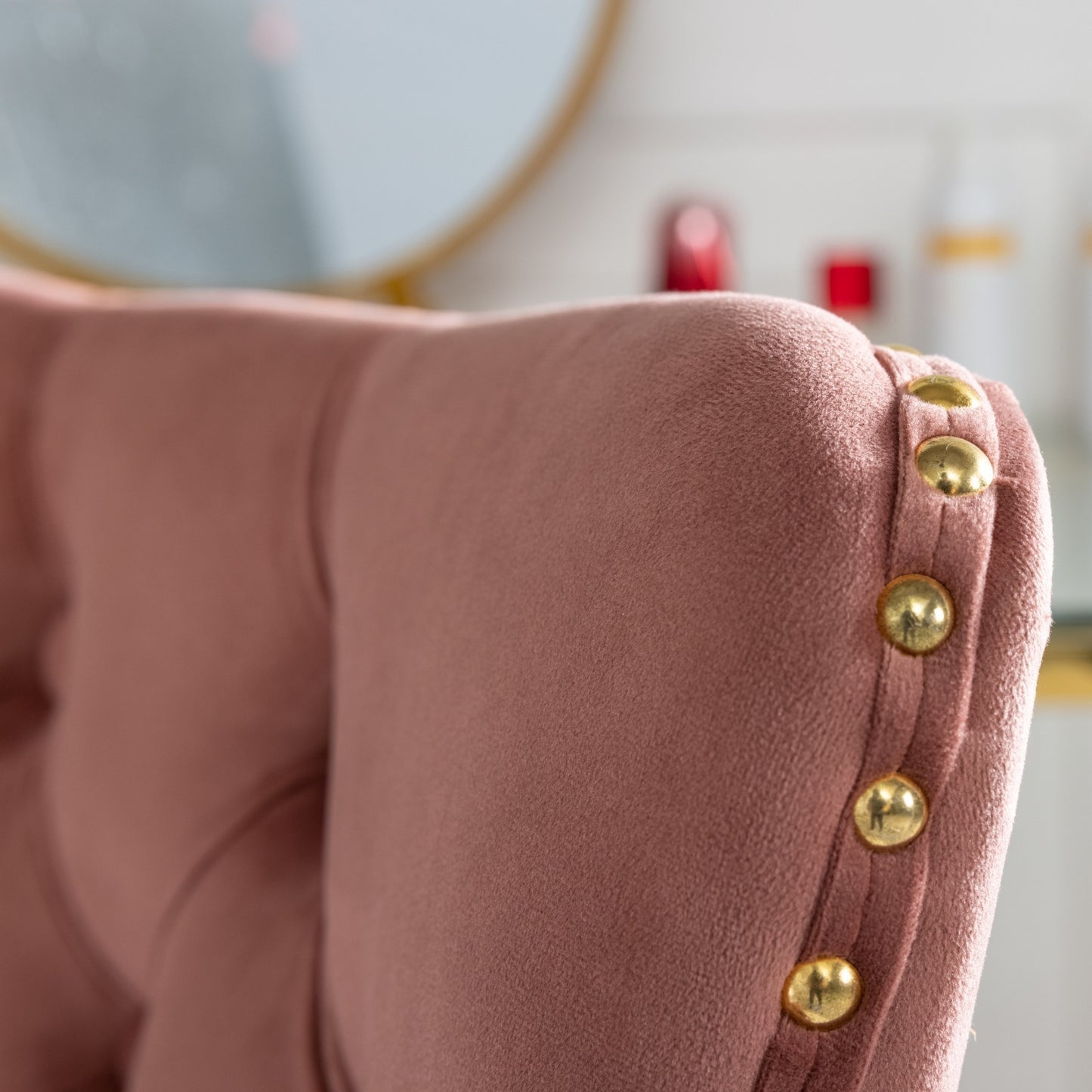 A&A Furniture Office Chair,Velvet Upholstered Tufted Button Home Office Chair with Golden Metal Base,Adjustable Desk Chair Swivel Office Chair (Pink)