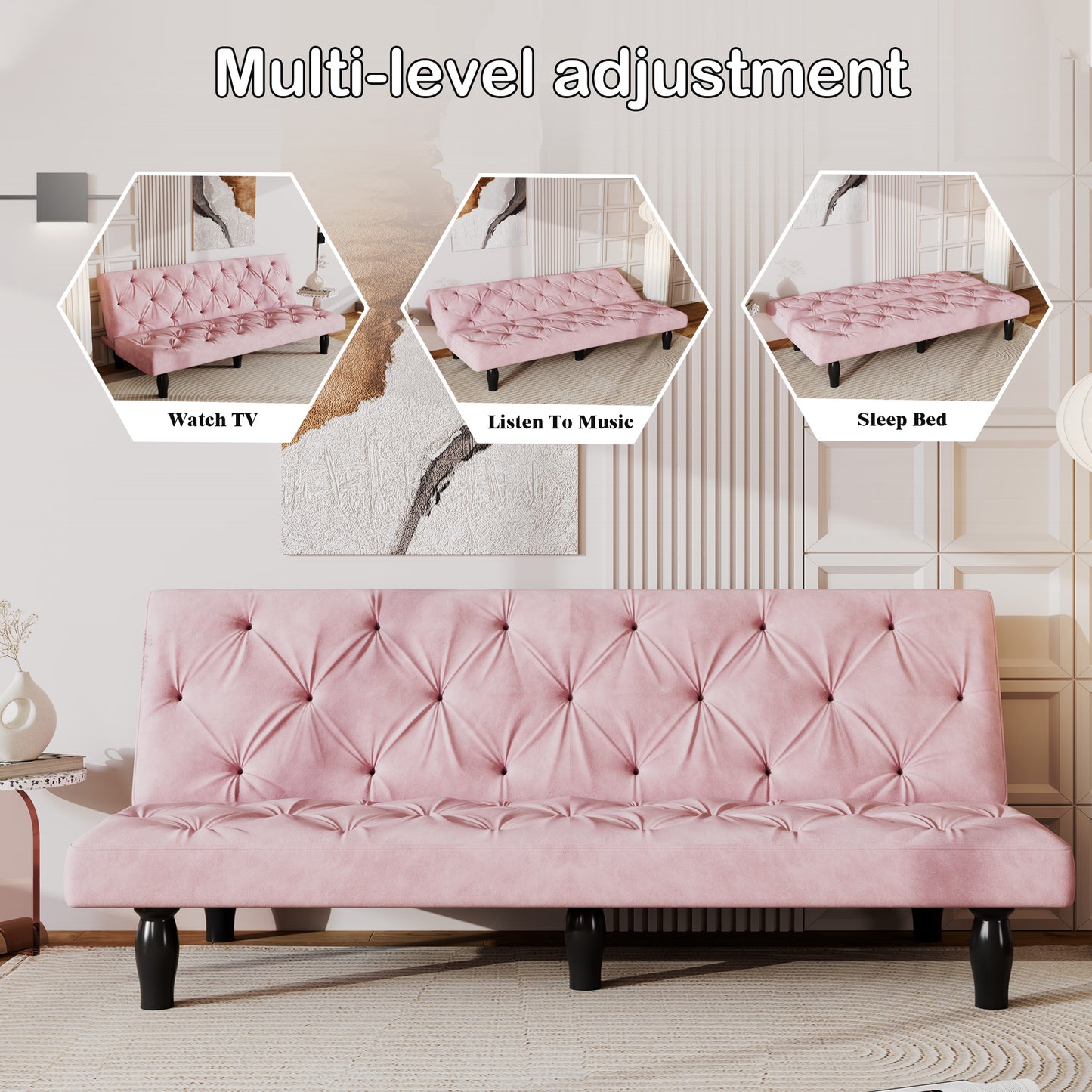 Convertible Pink Velvet Sofa Bed with Tufted Back and Adjustable Positions