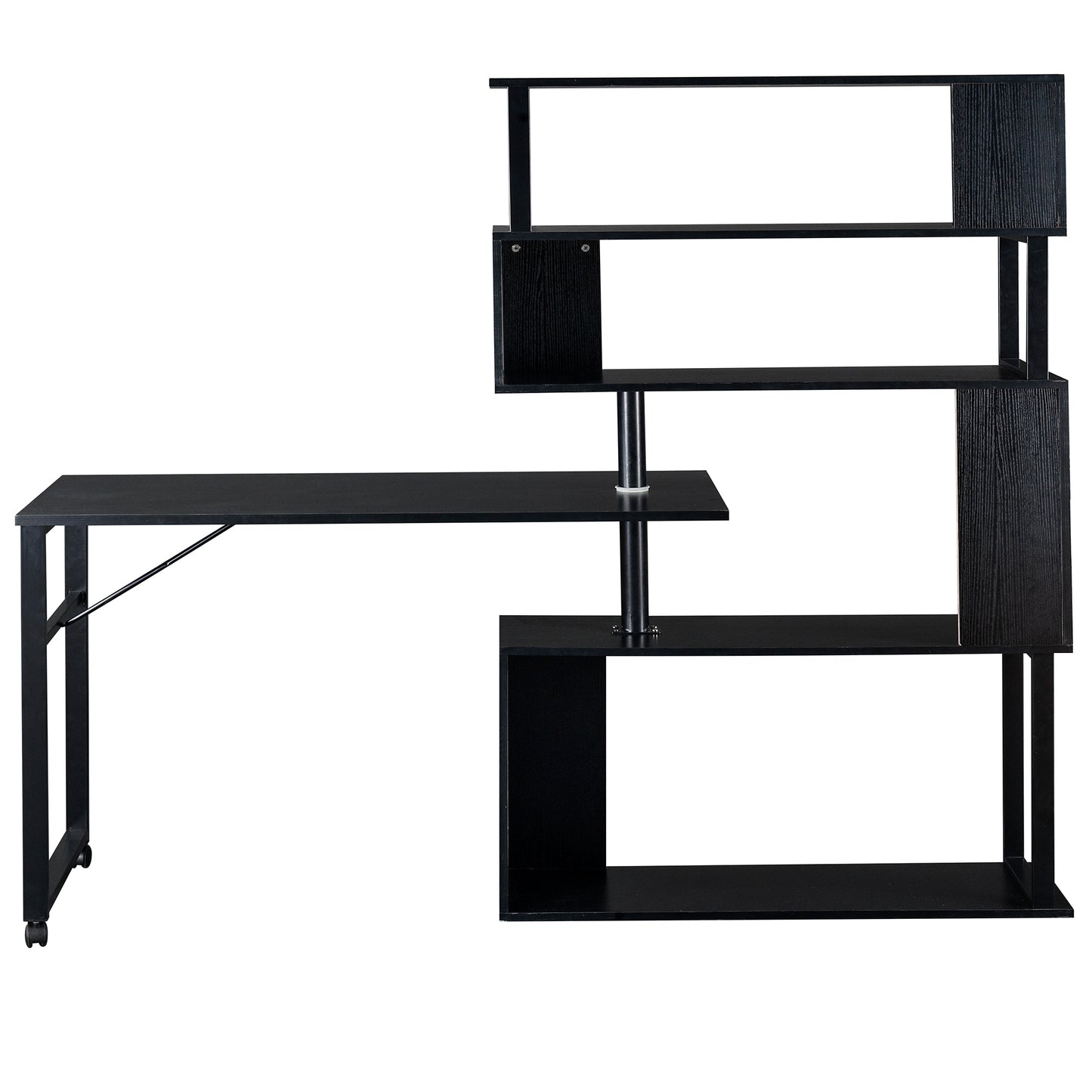 Modern L-Shaped Home Office Desk with Rotating Bookshelf and Lockable Casters