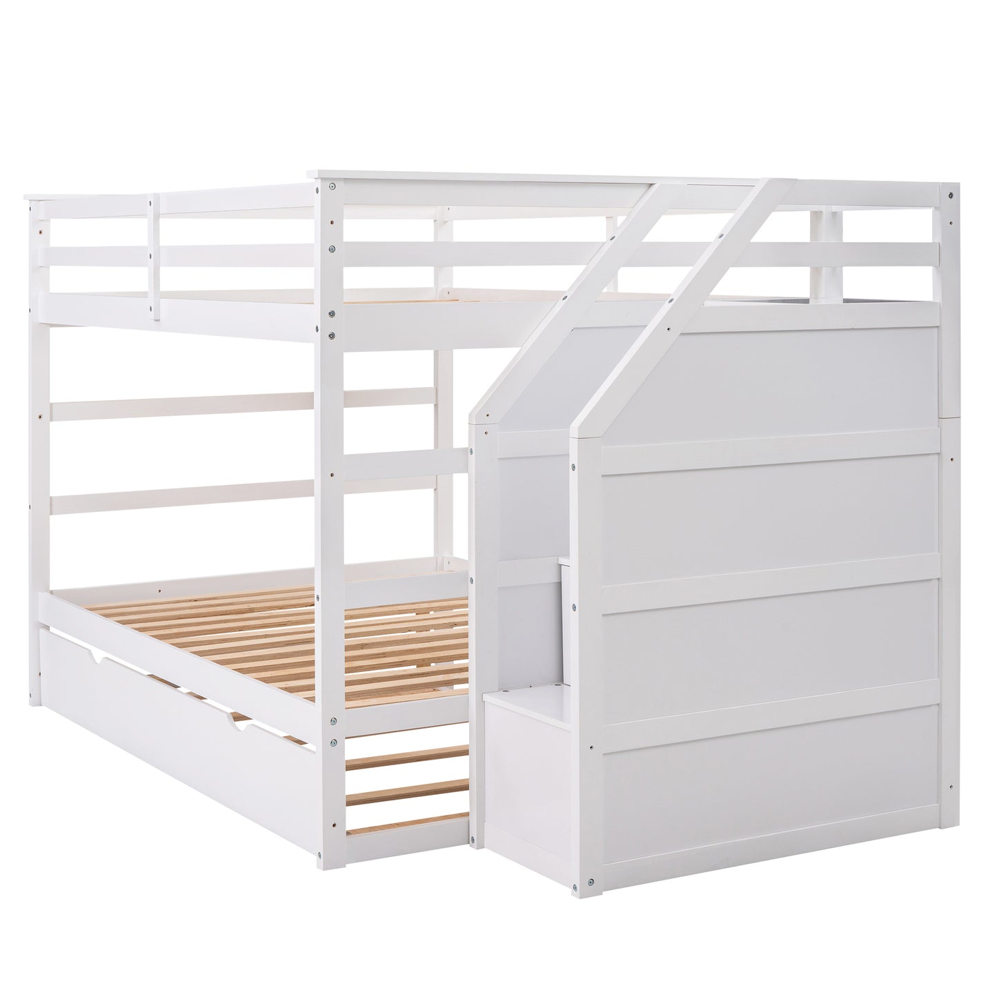 Elegant Full Bunk Bed with Trundle and Storage Stairs, White