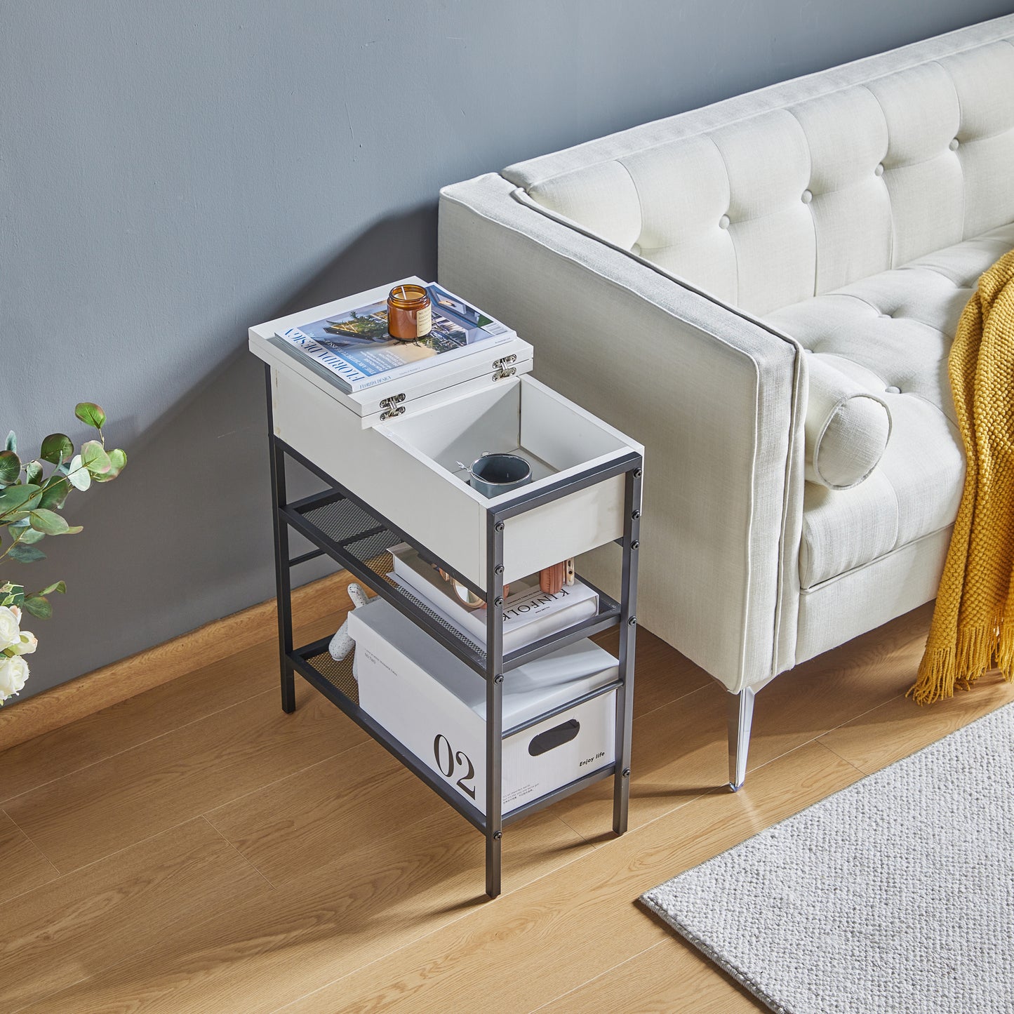 Sleek White End Table with Charging Station for Living Room and Bedroom