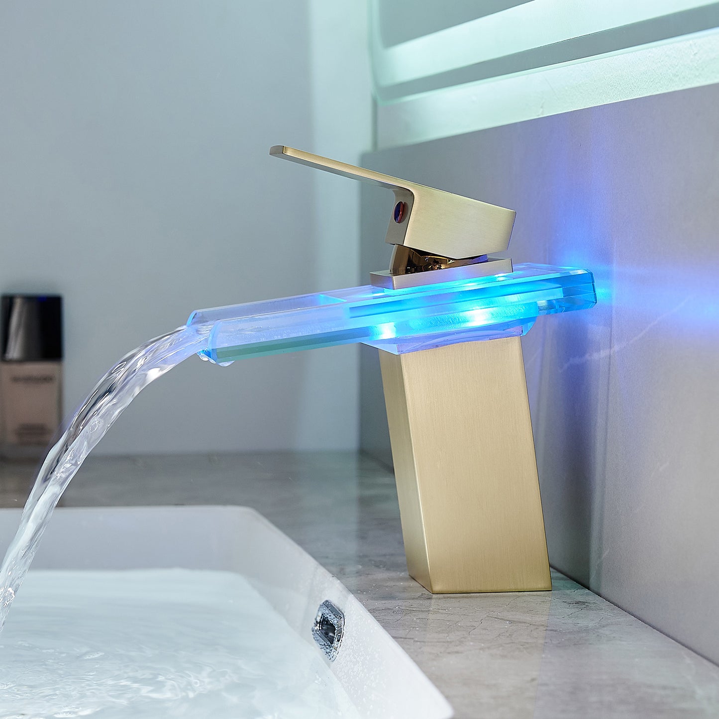 LED Light 3 Colors Changing Waterfall Glass Spout Bathroom Faucet