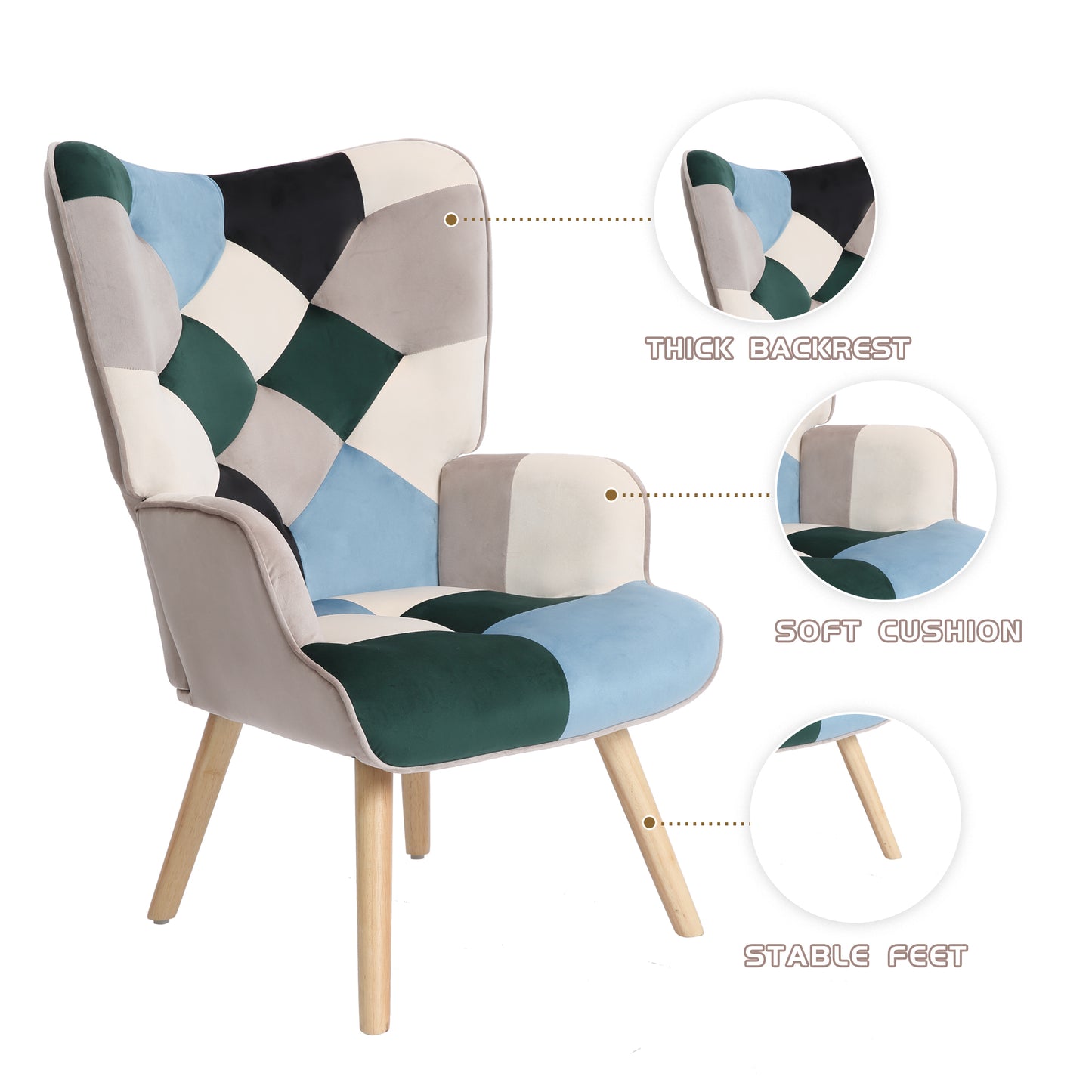 Accent Chair with Ottoman, Living Room Chair and Ottoman Set, Comfy Side Armchair for Bedroom, Creative Splicing Cloth Surface