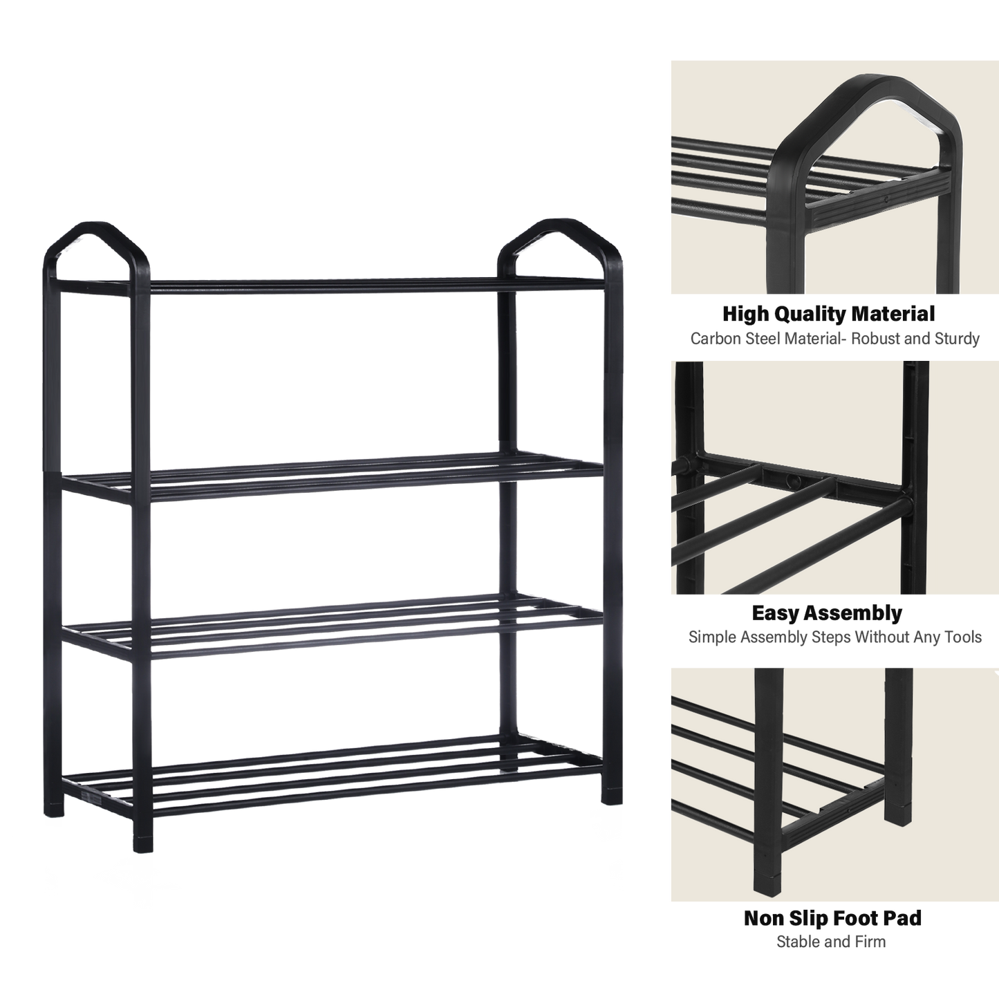 4-Tier Stackable Shoe Rack, 12-Pairs Sturdy Shoe Shelf Storage , Black Shoe Tower for Bedroom, Entryway, Hallway, and Closet