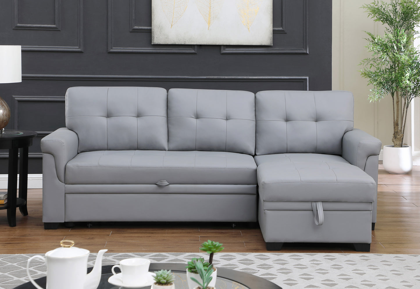 Gray Vegan Leather Sleeper Sectional Sofa with Chaise and Storage