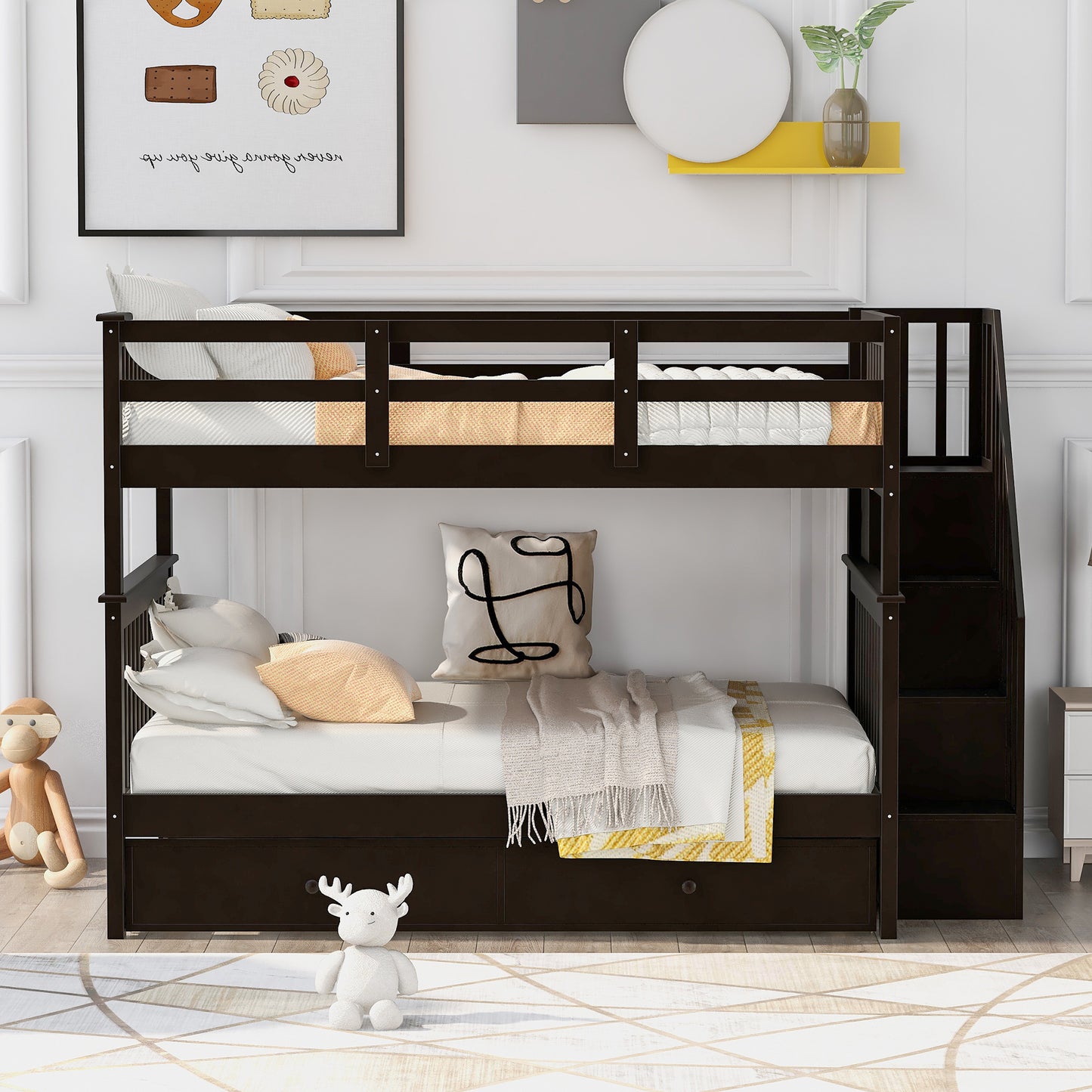 Staircase Full Bunk Bed with Twin Trundle and Storage - Espresso