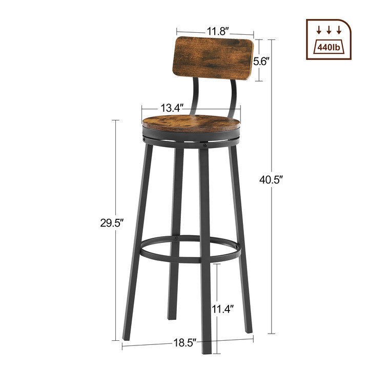 Set of 2 Industrial Swivel Bar Stools with Backrest