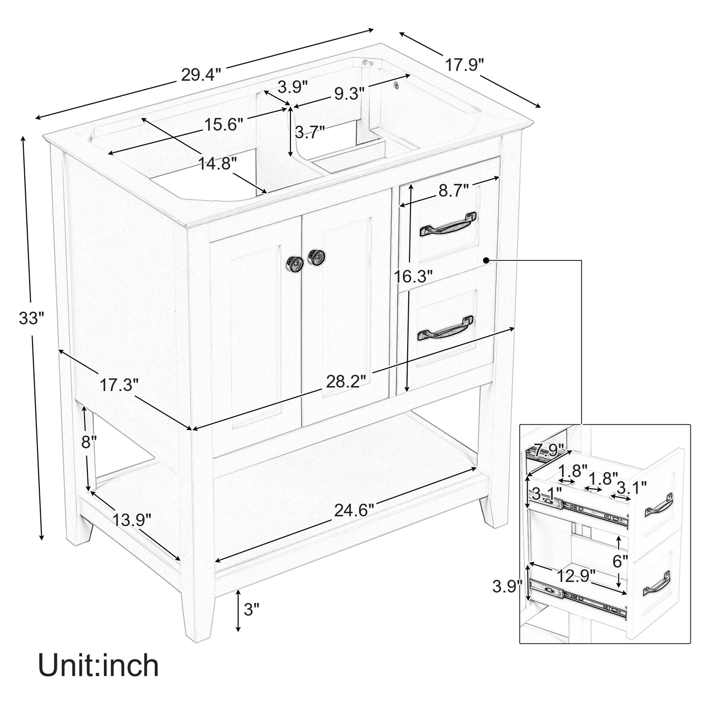 30" Bathroom Vanity without Sink Top, Cabinet Base Only, Vanity with Multi-Functional Drawer, White