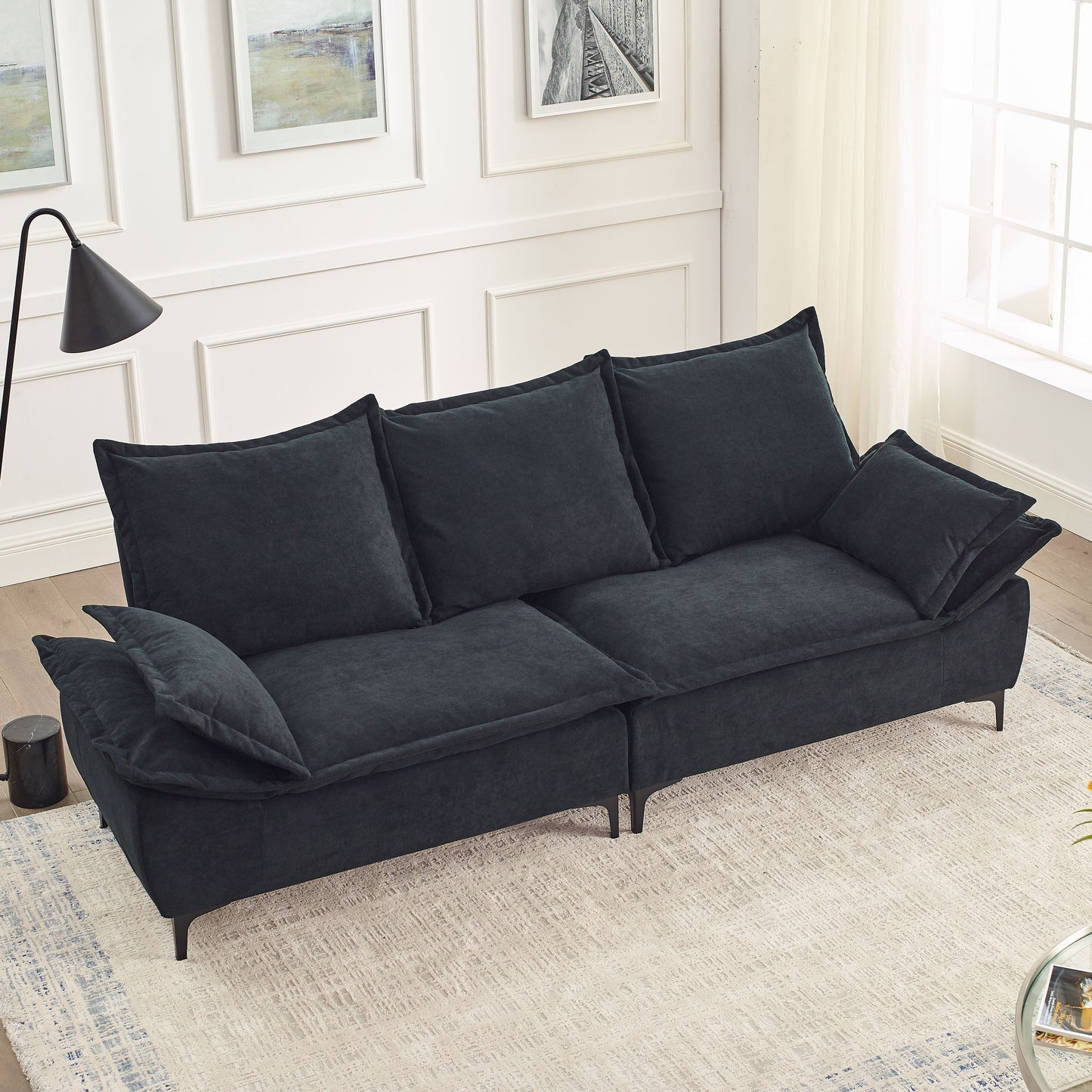 [video] MH" 88.5  Modern Sailboat Sofa Dutch Velvet 3-Seater Sofa with Two Pillows for Small Spaces in Living Rooms, Apartments