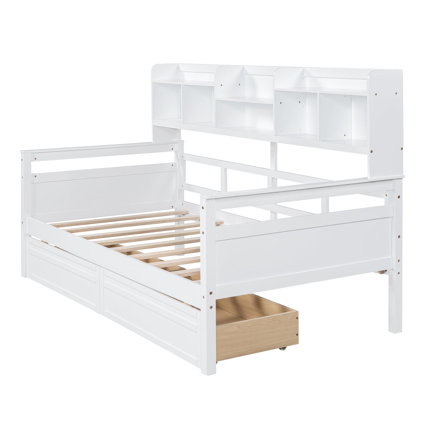 Twin size Daybed, Wood Slat Support, with Bedside Shelves and Two Drawers, White