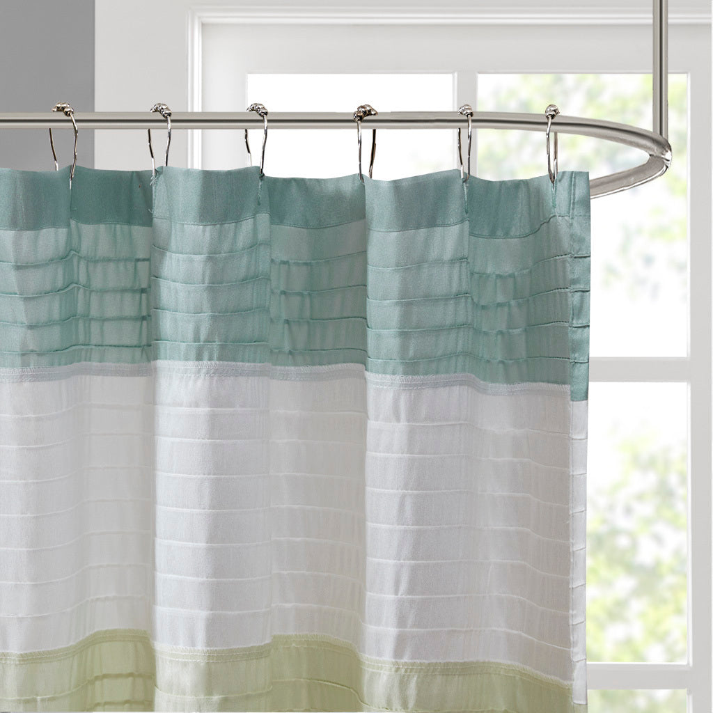 Green Faux Silk Shower Curtain with Elegant Pintuck Detail