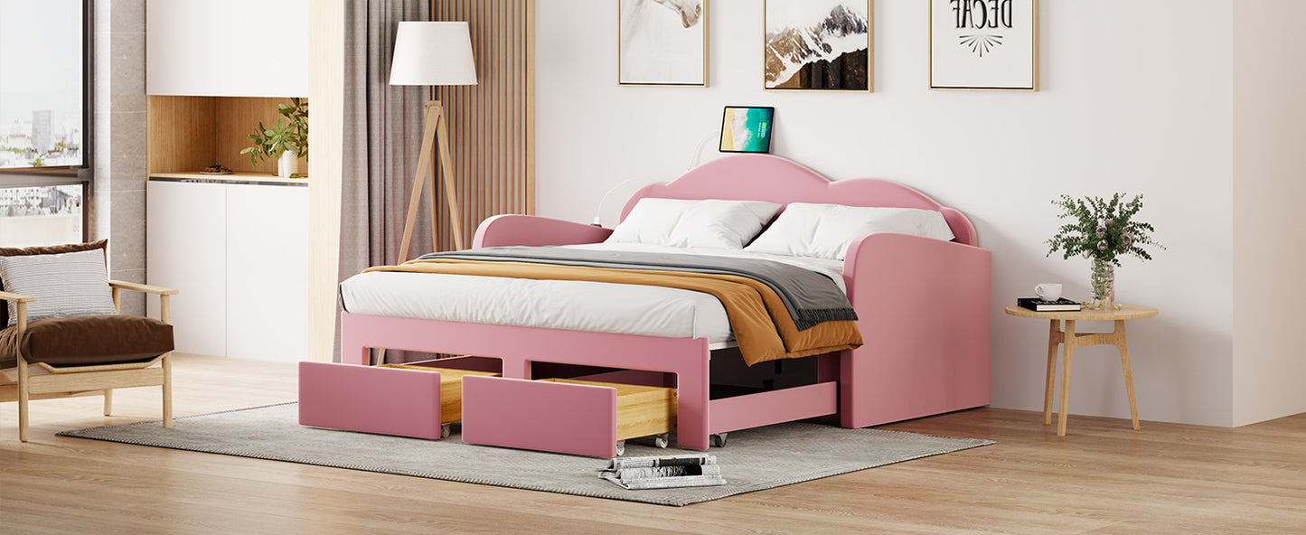 Twin Size Upholstered daybed with Cloud-Shaped Backrest, Trundle & 2 Drawers and USB Ports, Pink