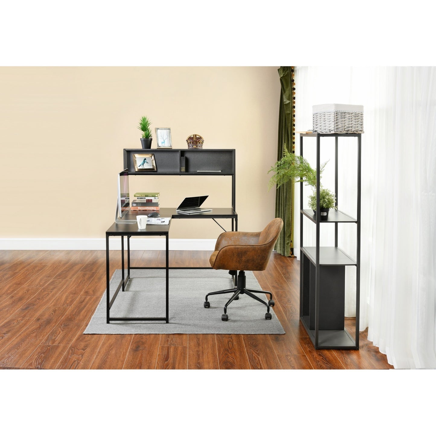 Spacious Industrial L-Shaped Desk with Hutch and Storage Shelves for Gaming