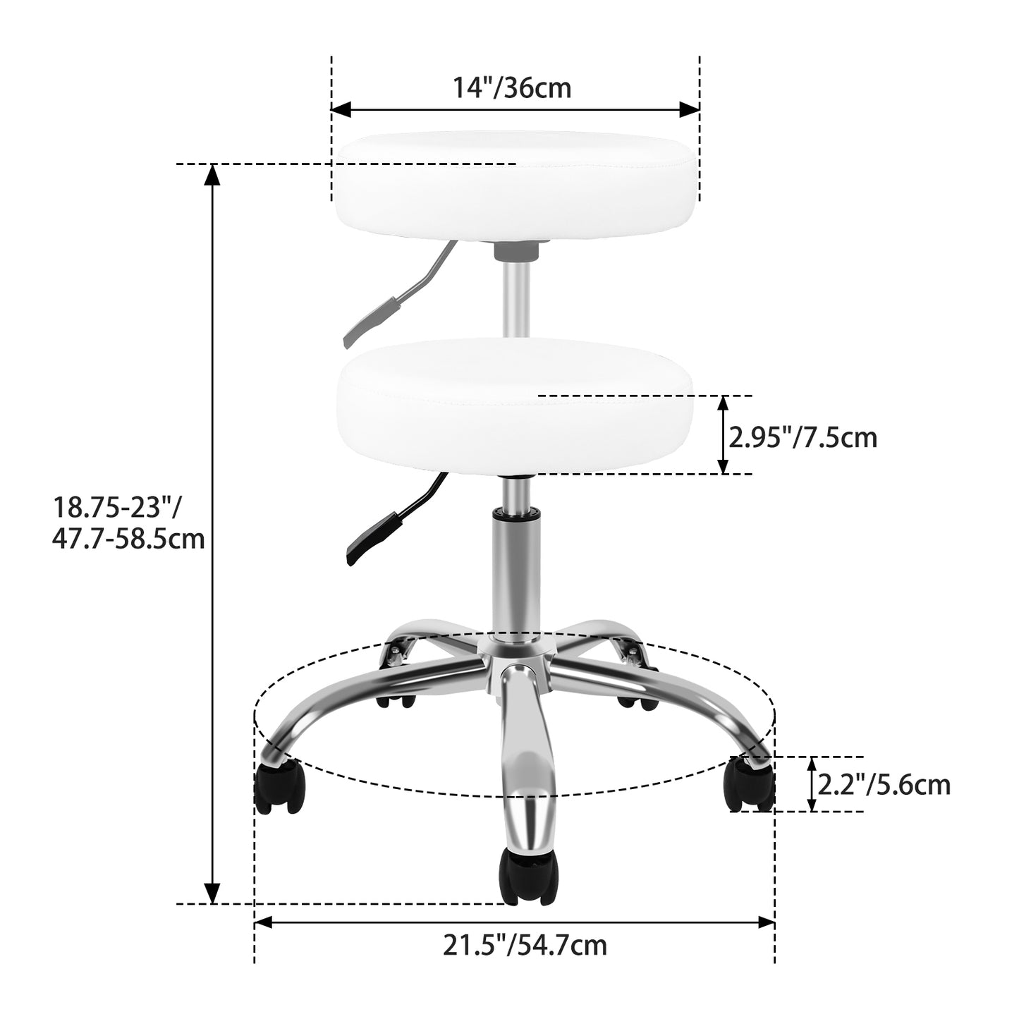 Round Stool Chair with Wheels Height Adjustable, White