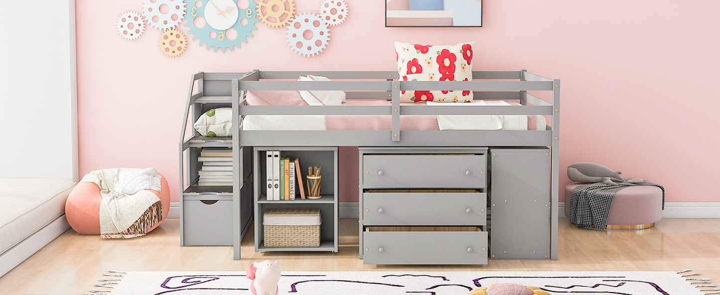 Full Size Loft Bed with Retractable Writing Desk and 3 Drawers, Wooden Loft Bed with Storage Stairs and Shelves, Gray