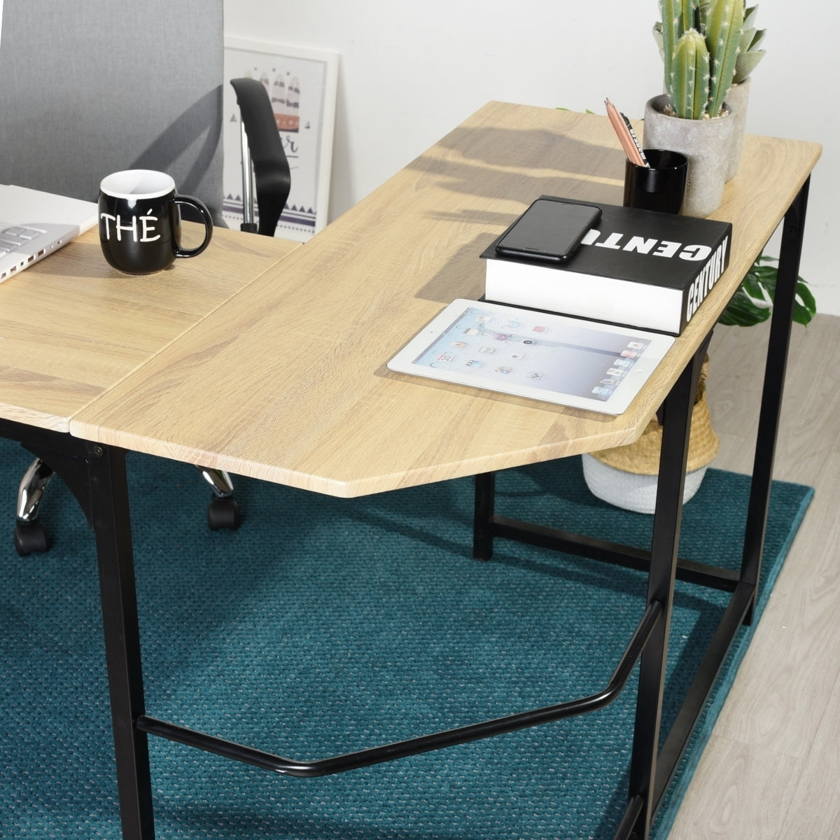 Modern & Stylish L-Shaped Wooden Desk with Sleek Black Metal Frame