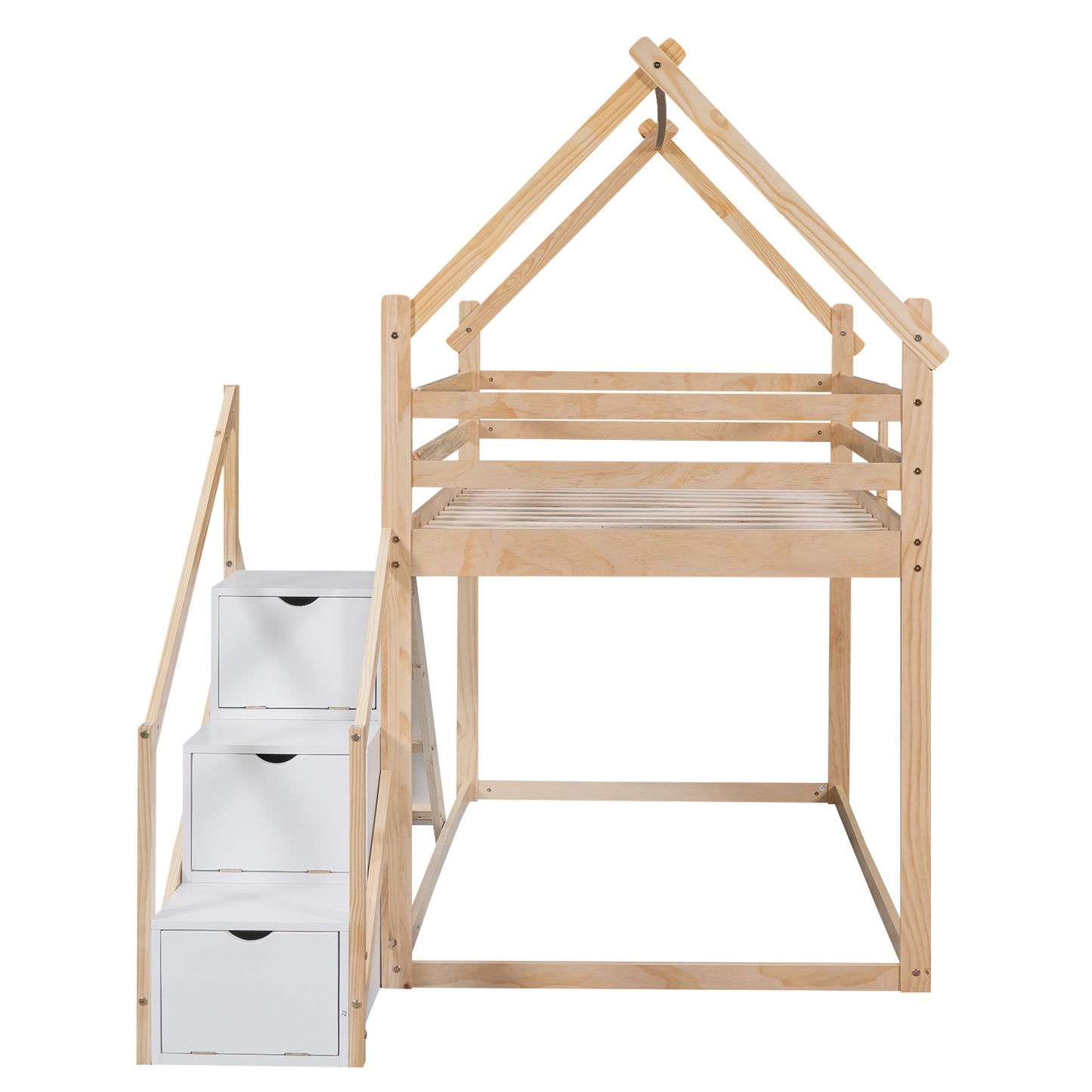 Twin House Loft Bunk Bed with Slide, Staircase, and Storage for Kids, Natural