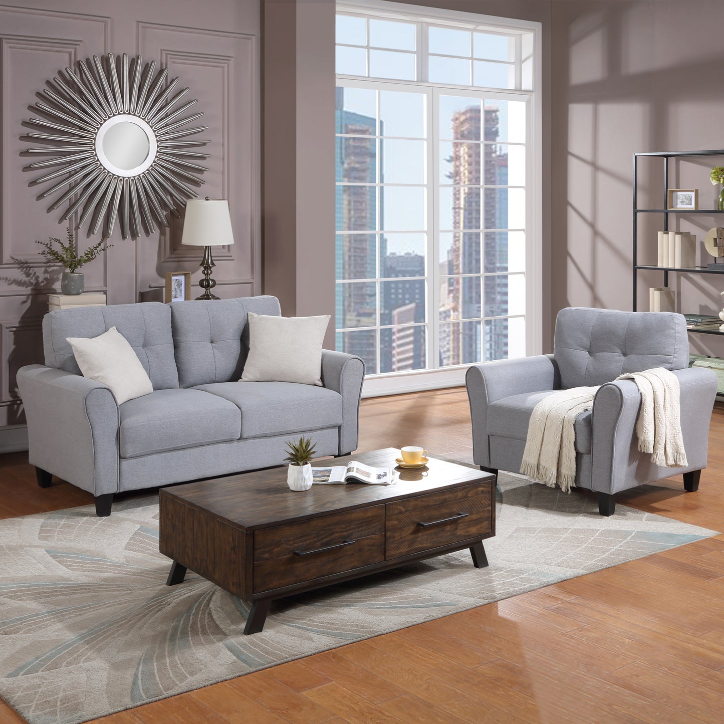 Modern Living Room Sofa Set Linen Upholstered Couch Furniture for Home or Office ,Light Grey-Blue,(1+2 Seat)