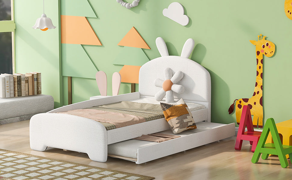 Twin Size Upholstered Platform Bed with Cartoon Ears Shaped Headboard and Trundle, White