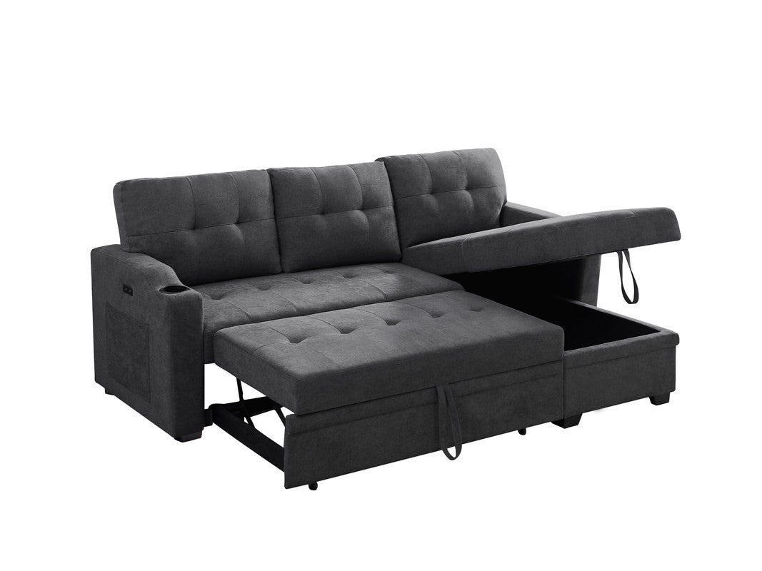 Mabel Dark Grey Fabric Sleeper Sectional with Cupholder, USB Charging Port, and Storage Pocket