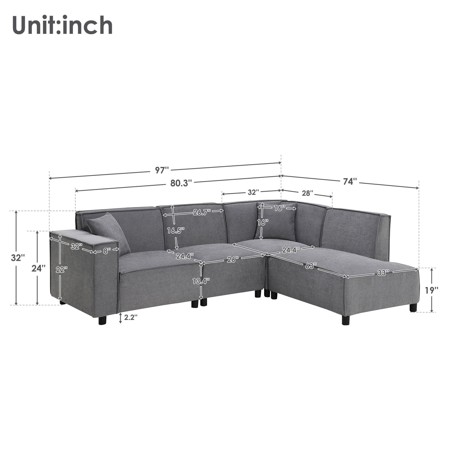 97*74" Modern Minimalist Style Sectional Sofa,L-shaped Couch Set with 2 Free pillows,5-seat Chenille Fabric Couch with Chaise Lounge for Living Room, Apartment, Office,2 Colors