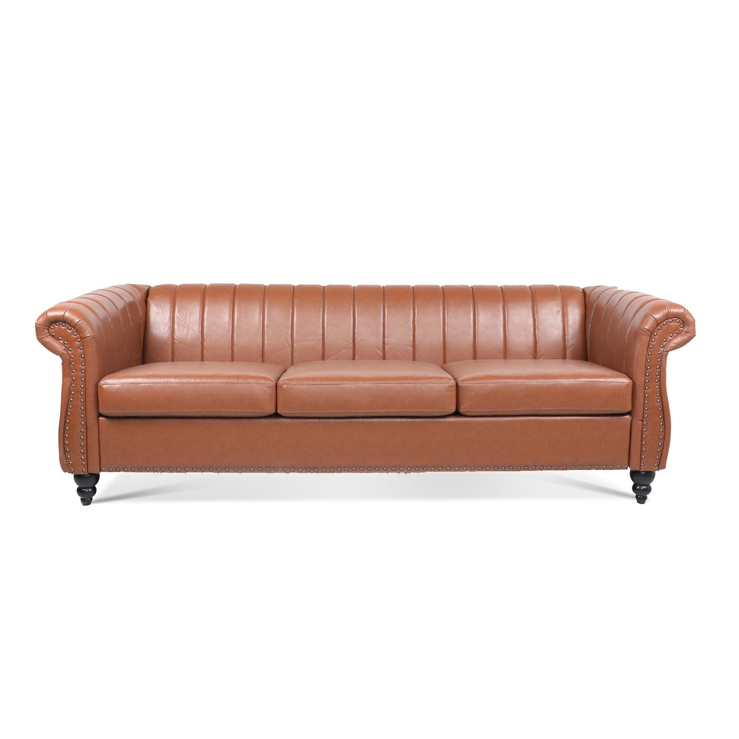 83.46 Elegant Brown Pu Rolled Arm Chesterfield Three Seater Sofa