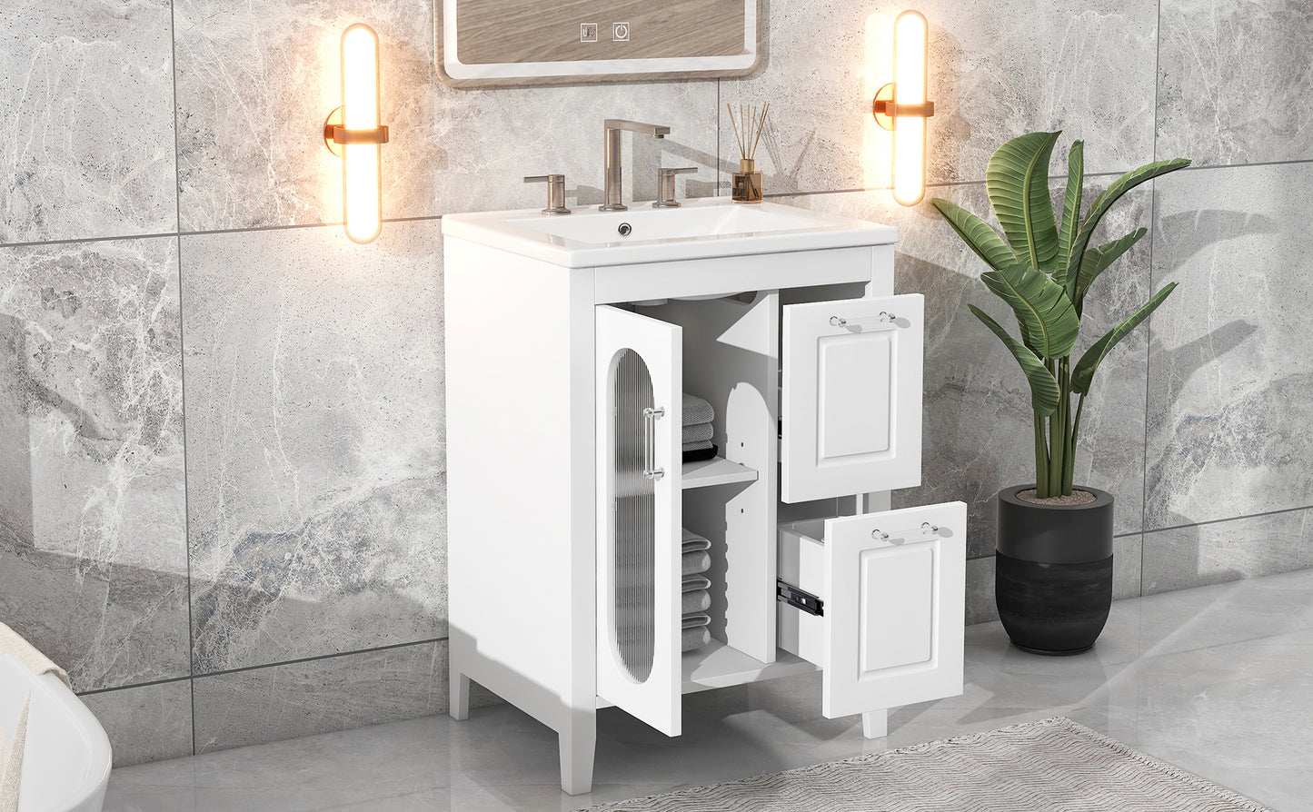 24-Inch White Bathroom Vanity Cabinet with Sink, Two Drawers, and Adjustable Shelf