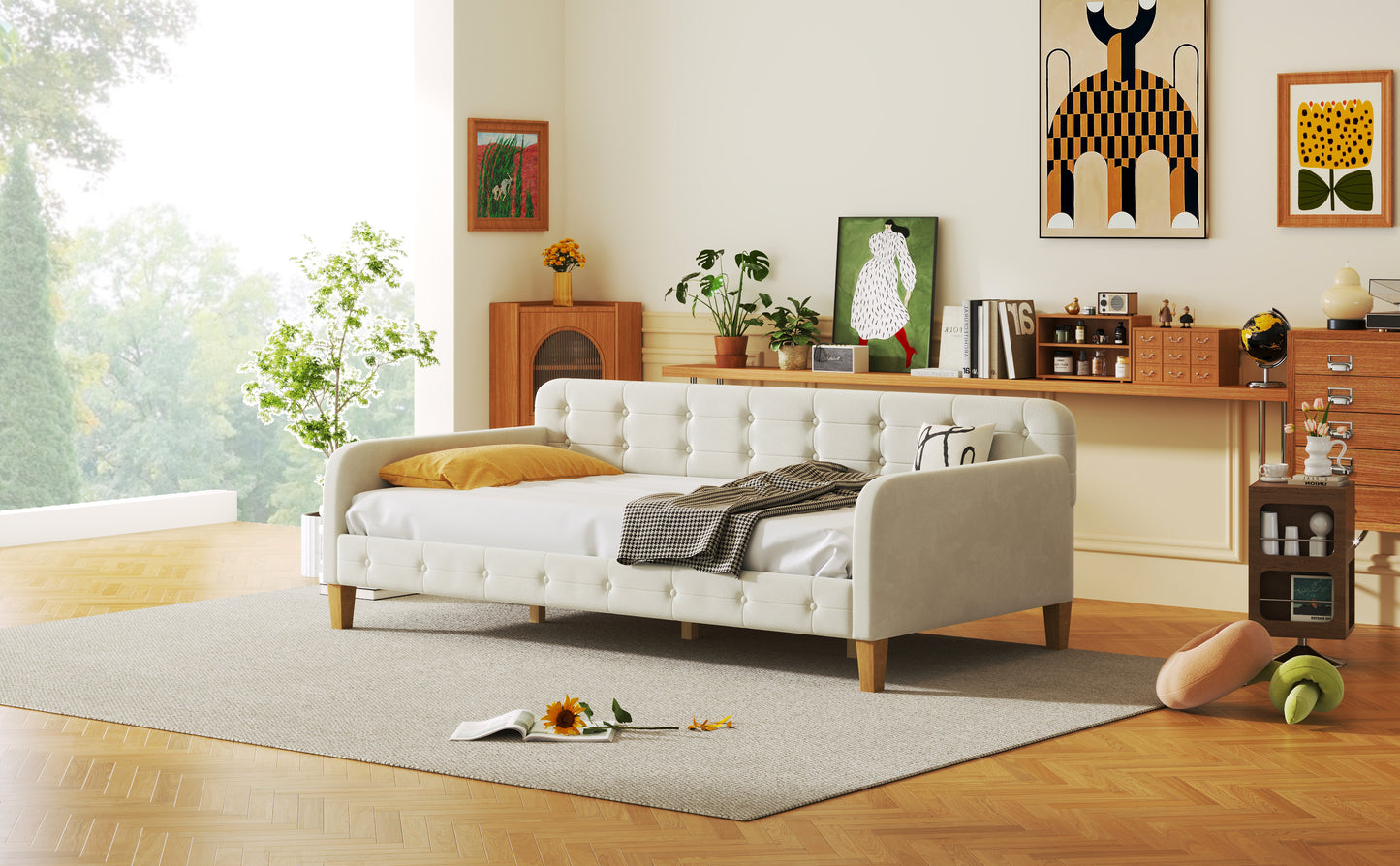 Twin Size Upholstered Daybed with 4 Support Legs, White