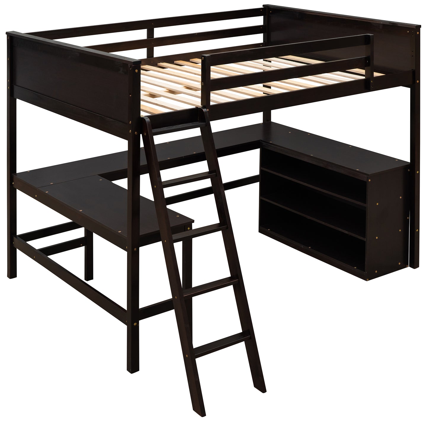 Full size Loft Bed with Shelves and Desk, Wooden Loft Bed with Desk - Espresso