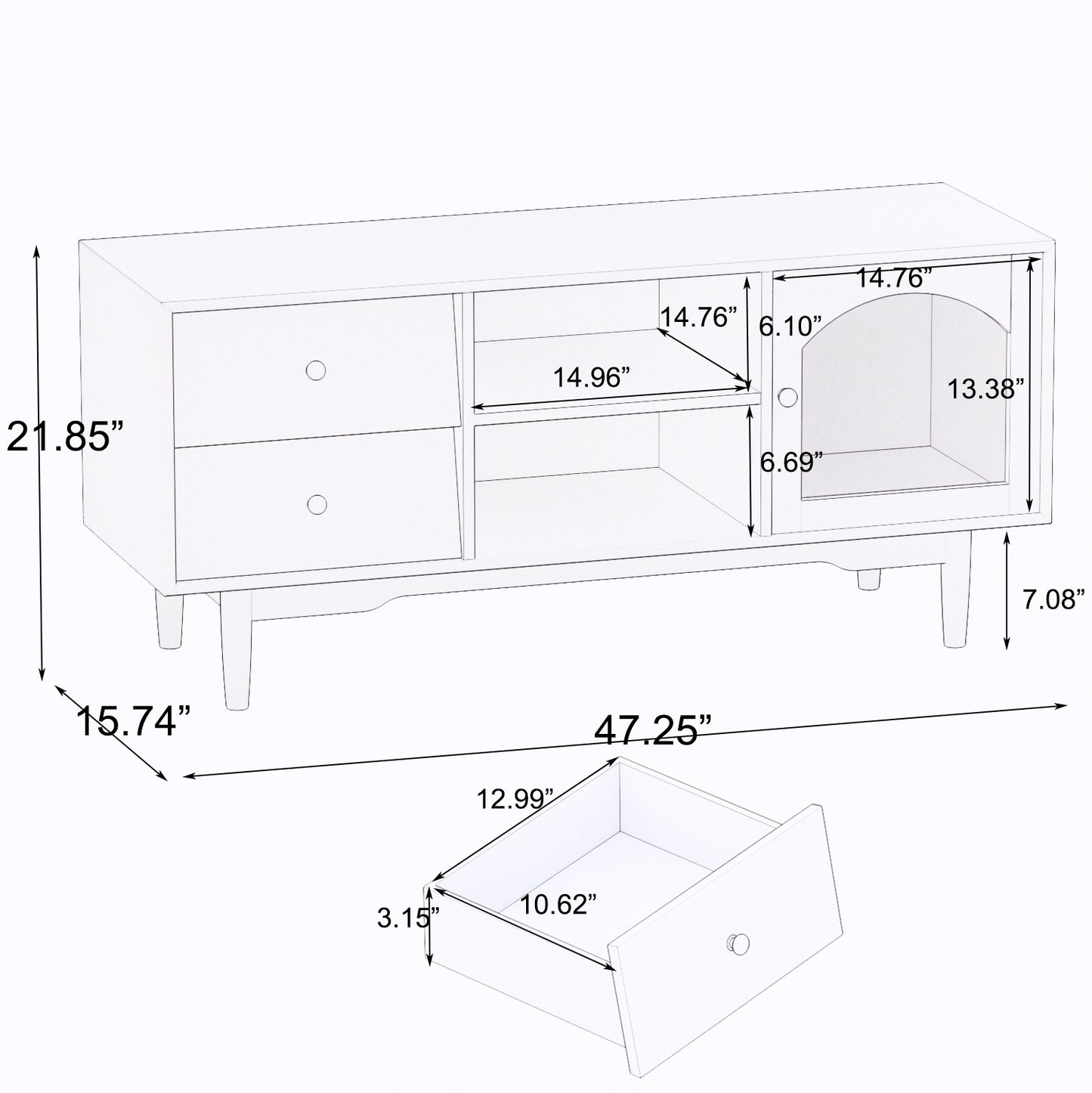 White TV Stand with Drawers, Shelves, and Glass Cabinet for Living Room Storage