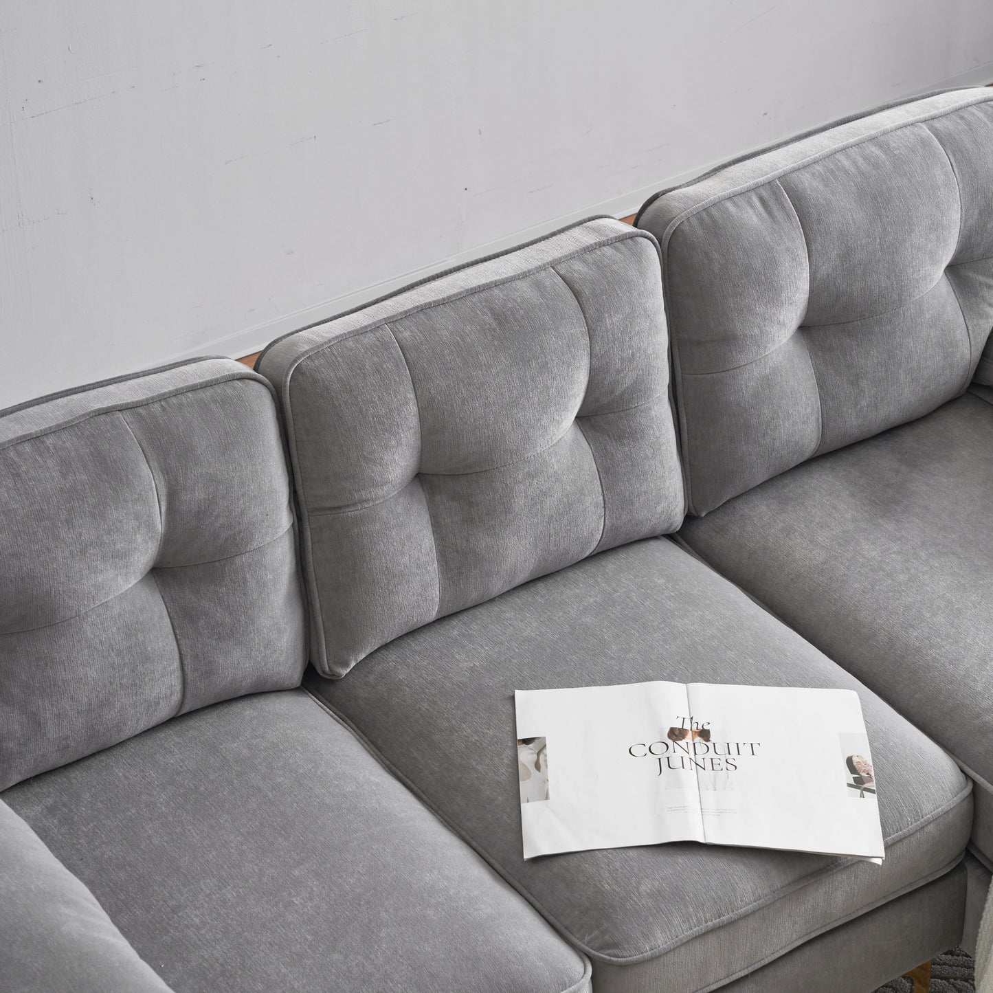 Modern Velvet L-Shaped Sectional Sofa in Light Grey