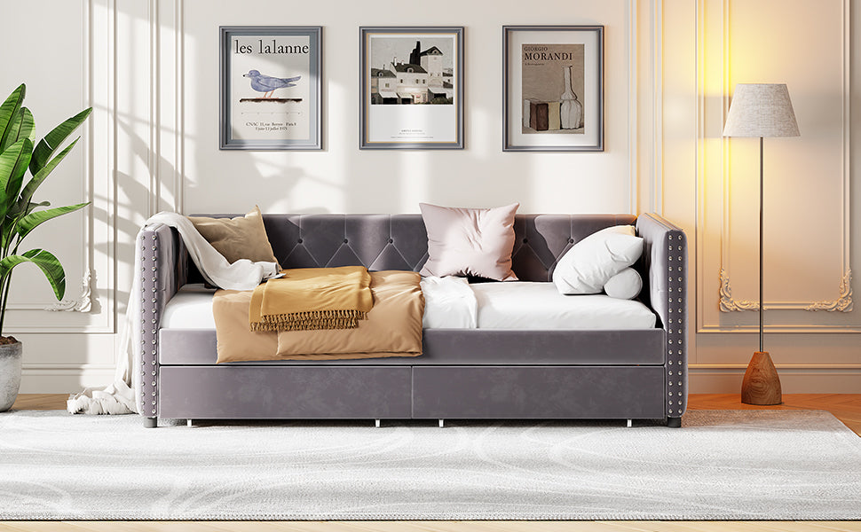 Sofa bed with drawers, modern velvet upholstered sofa bed with button tufted sofa bed frame with double drawers, bedroom living room furniture, Grey(83.47''x42.91''x30.71''')