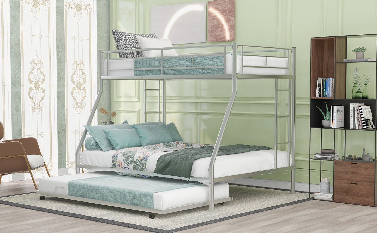 Silver Steel Bunk Bed Set with Twin Trundle and Two-Side Ladders