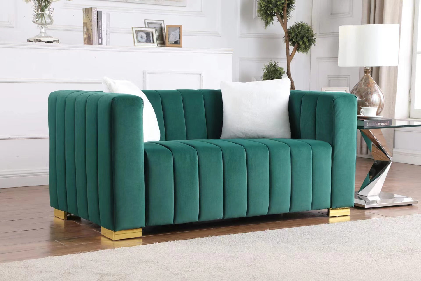 Chesterfield Inspired Dark Green Velvet Sofa Set with 3 Seater and Loveseat