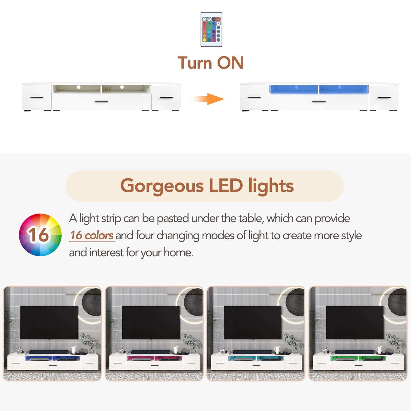 Minimalistic Extended TV Stand with Color Changing LED Lights for 90+ inch TVs