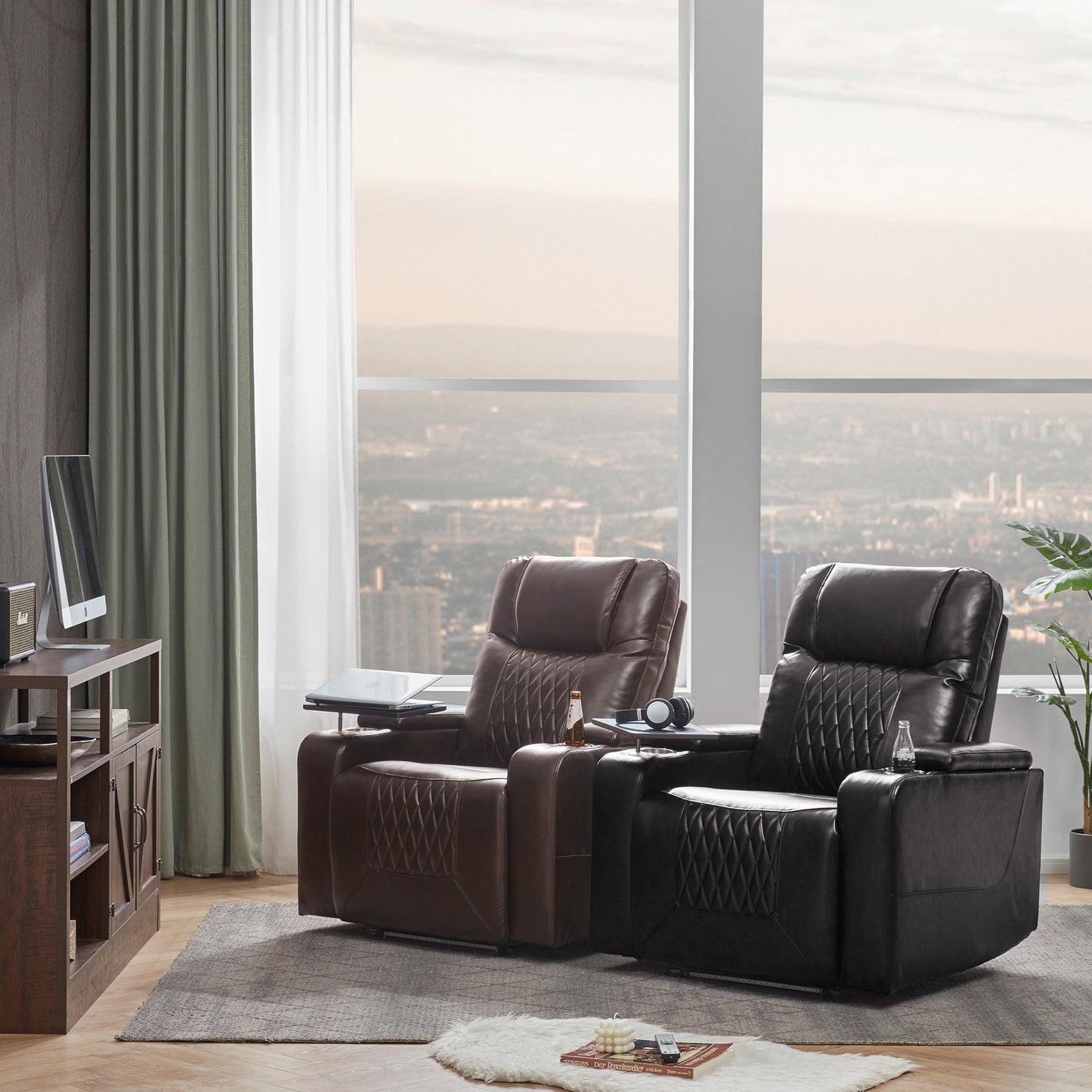 Luxurious Brown Power Motion Recliner with USB Charging Port and Swivel Tray Table