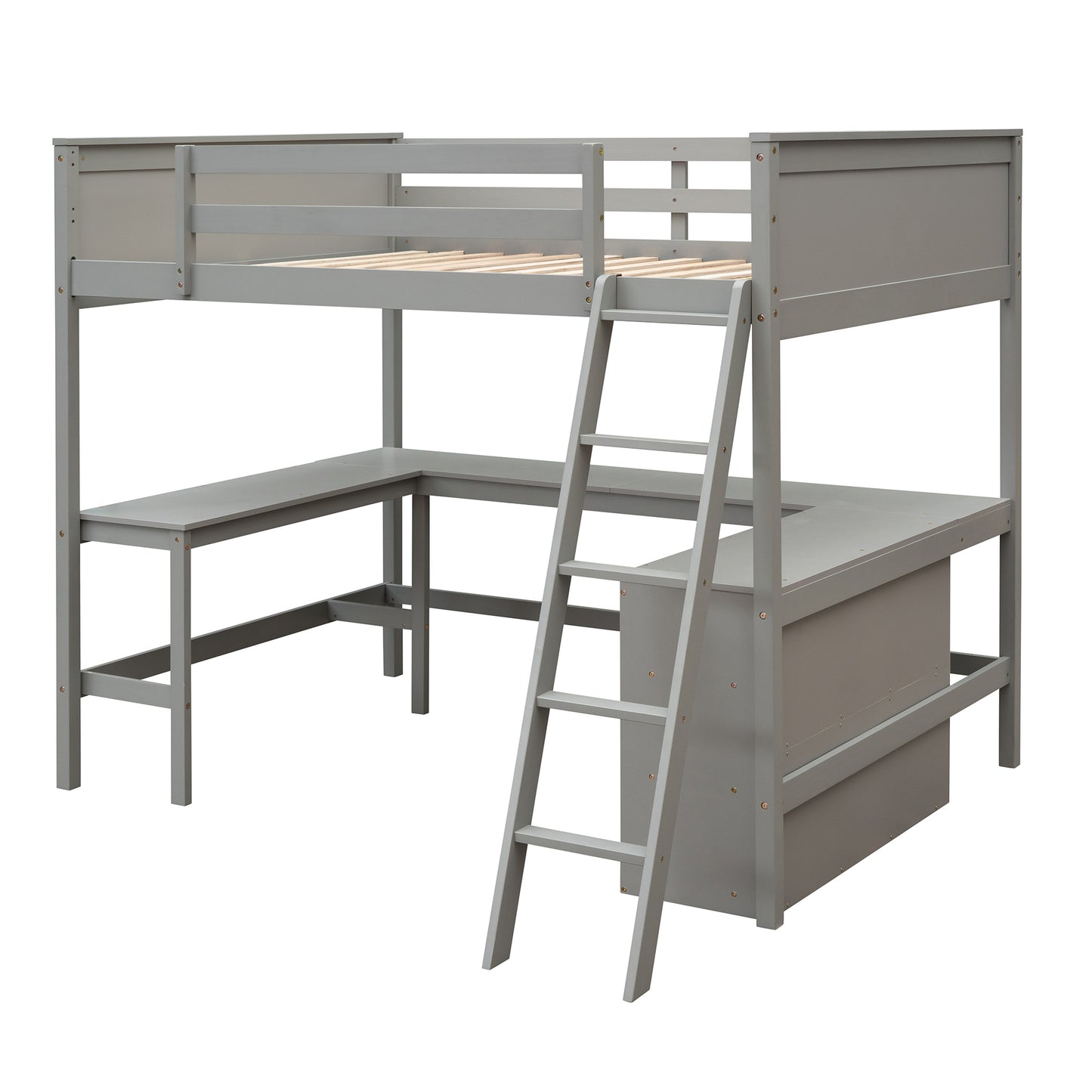 Full size Loft Bed with Shelves and Desk, Wooden Loft Bed with Desk - Gray