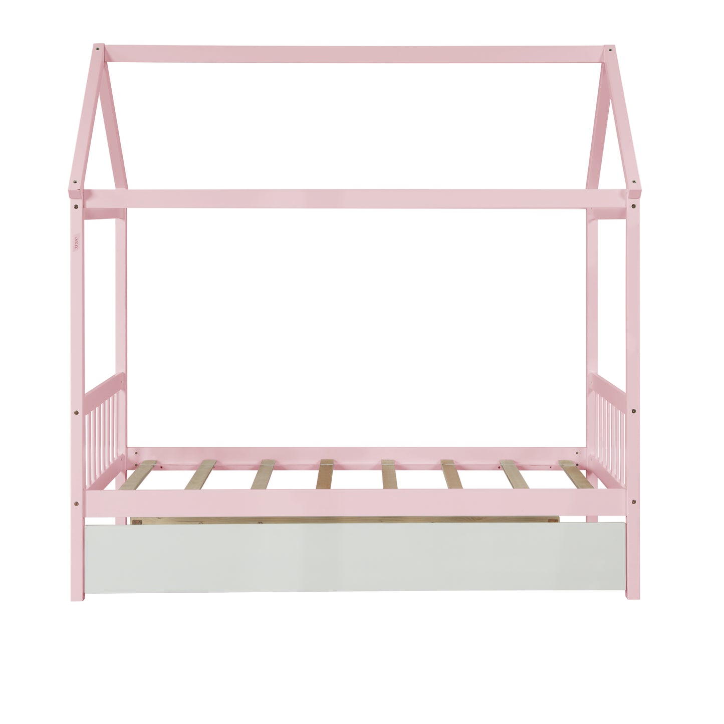 Solid Wood Twin House Bed Frame with Twin Size Trundle For Warm Pink Color, No Box Spring Needed